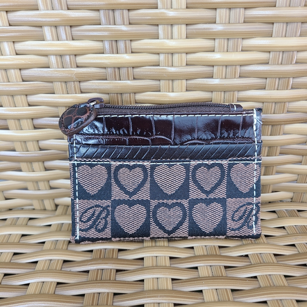 Brighton Brown Heart Pattern Card Holder Coin Purse Croc Detail Leather Trim